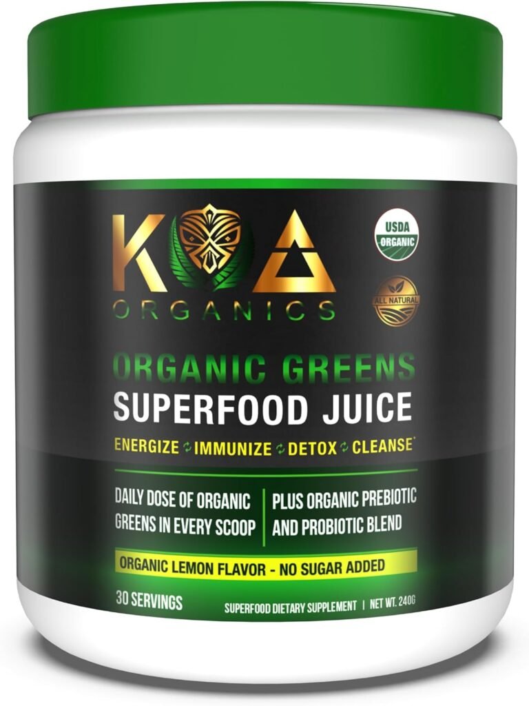 KOA Organics Greens Superfood Juice Powder - USDA Organic Super Greens Powder with with Spirulina, Chlorella, Matcha, Wheat Grass, Digestive Enzymes  Probiotics - Lemon Flavor -30 ServQ