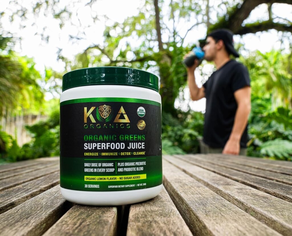 KOA Organics Greens Superfood Juice Powder - USDA Organic Super Greens Powder with with Spirulina, Chlorella, Matcha, Wheat Grass, Digestive Enzymes  Probiotics - Lemon Flavor -30 ServQ