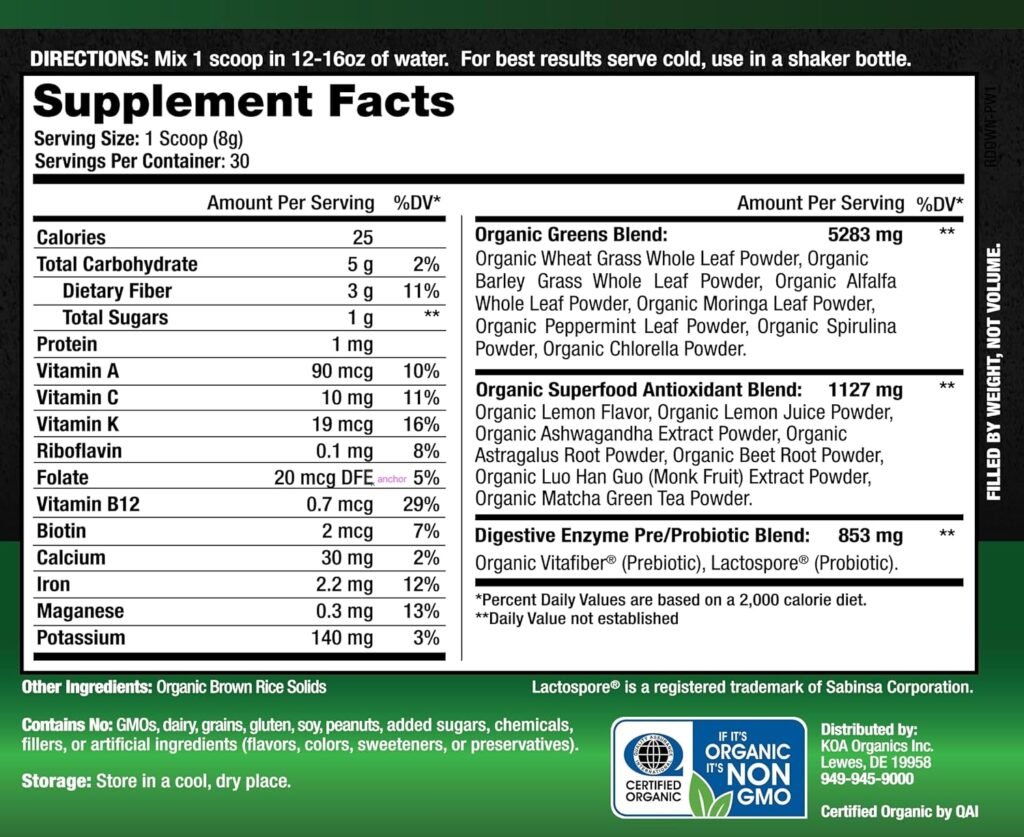 KOA Organics Greens Superfood Juice Powder - USDA Organic Super Greens Powder with with Spirulina, Chlorella, Matcha, Wheat Grass, Digestive Enzymes  Probiotics - Lemon Flavor -30 ServQ