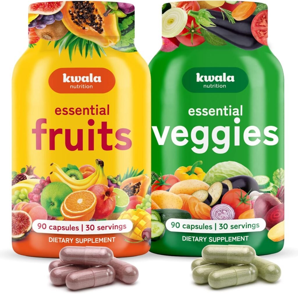 Kwala Nutrition Fruit and Veggies Supplement to Boost Energy Balance - Premium Whole Food Fruits and Vegetables from Nature - 90 Fruit  90 Veggie Capsules - NonGMO, Soy Free, Made in USA (Pack of 2) : Health  Household