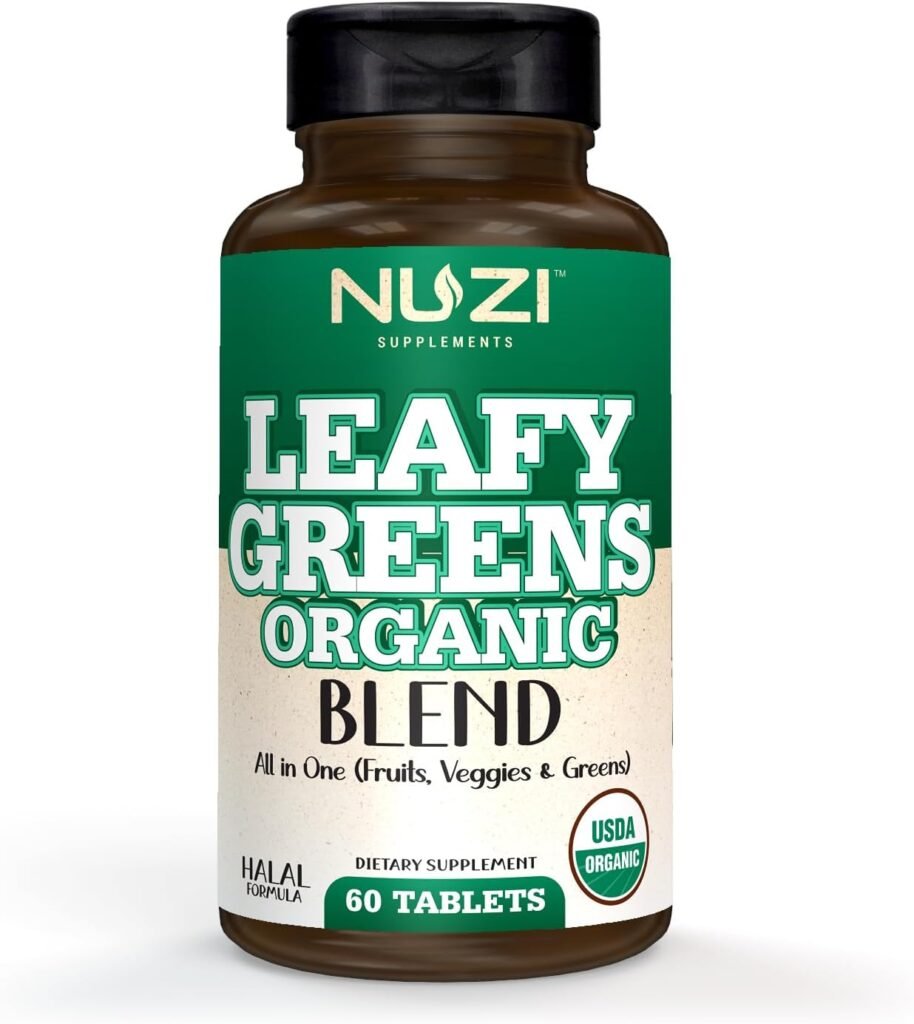 Leafy Organic Green Blend Tablets | 800 mg | 60 Tabs | USDA Organic Nutrient Rich| Superfoods - Alfalfa, Spirulina  More | Non-GMO, Vegan | Gut Health Support |Certified Halal