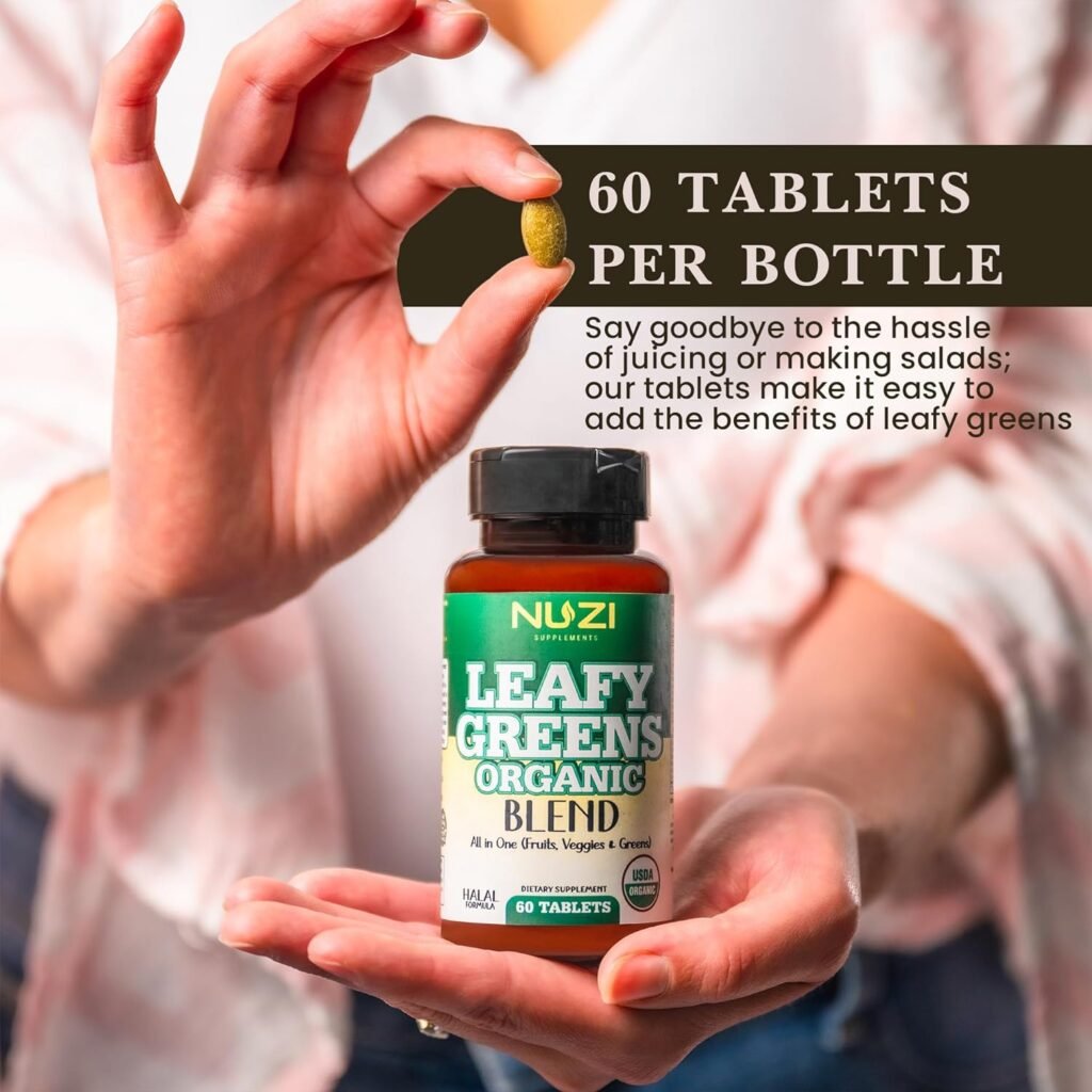 Leafy Organic Green Blend Tablets | 800 mg | 60 Tabs | USDA Organic Nutrient Rich| Superfoods - Alfalfa, Spirulina  More | Non-GMO, Vegan | Gut Health Support |Certified Halal