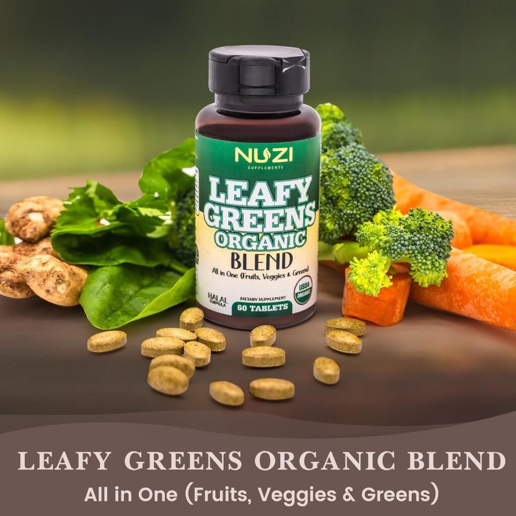 Leafy Organic Green Blend Tablets | 800 mg | 60 Tabs | USDA Organic Nutrient Rich| Superfoods - Alfalfa, Spirulina  More | Non-GMO, Vegan | Gut Health Support |Certified Halal