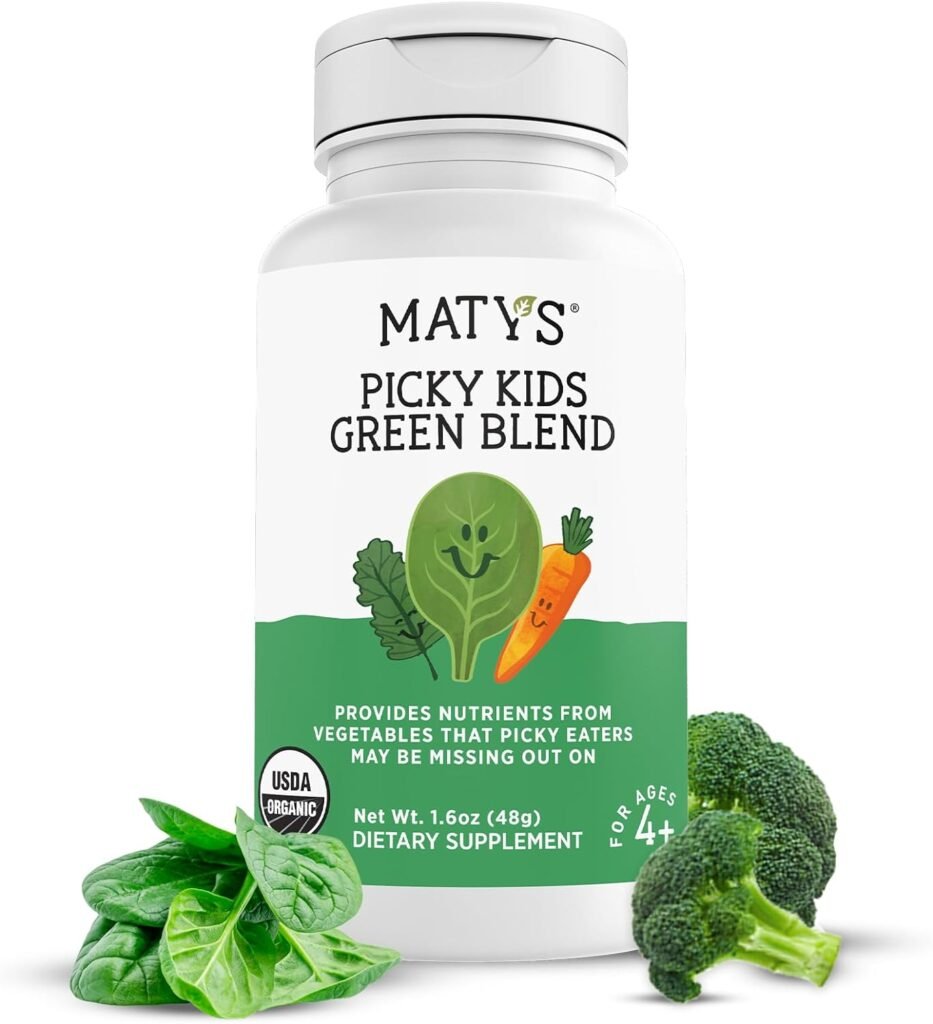 Matys Organic Picky Kids Green Blend, Vegetable Powder Supplement for Picky Eater Kids 4 Years +, Vitamin Packed Superfood Veggie Powder for Meals  Smoothies with Spinach, Kale, Broccoli, 60 Servings