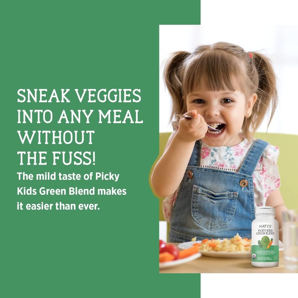 Matys Organic Picky Kids Green Blend, Vegetable Powder Supplement for Picky Eater Kids 4 Years +, Vitamin Packed Superfood Veggie Powder for Meals  Smoothies with Spinach, Kale, Broccoli, 60 Servings