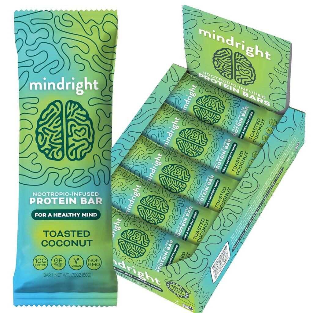 MINDRIGHT Superfood Vegan Protein Bars | Gluten Free Non-Gmo Low Sugar | All Natural Brain Food Healthy Snack To Help Enhance Mood, Energy  Focus (Toasted Coconut,12 Pack)