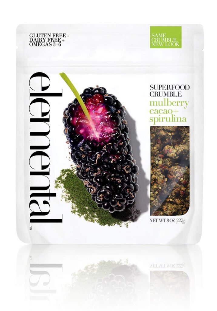 Mulberry Cacao + Spirulina Crumble by Elemental Superfood | 100% Organic Ingredients, Plant Based, Gluten-Free, Non-GMO Verified, Dairy-Free | 1 Bag (8 OZ)