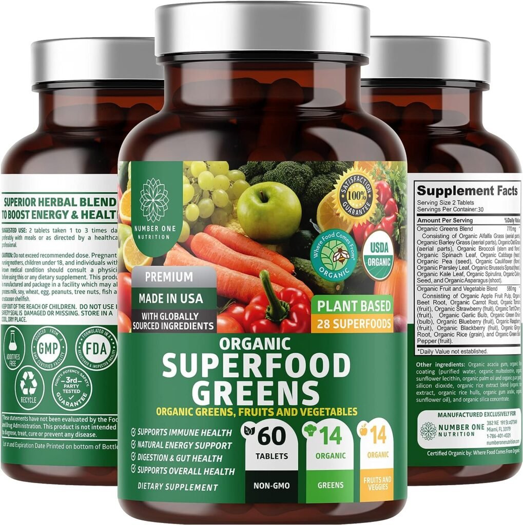 N1N Premium Organic Superfood Greens [28 Powerful Ingredients] Natural Fruit and Veggie Supplement with Alfalfa, Beet Root and Ginger to Boost Energy, Immunity and Gut Health, Made in USA, 60 Ct