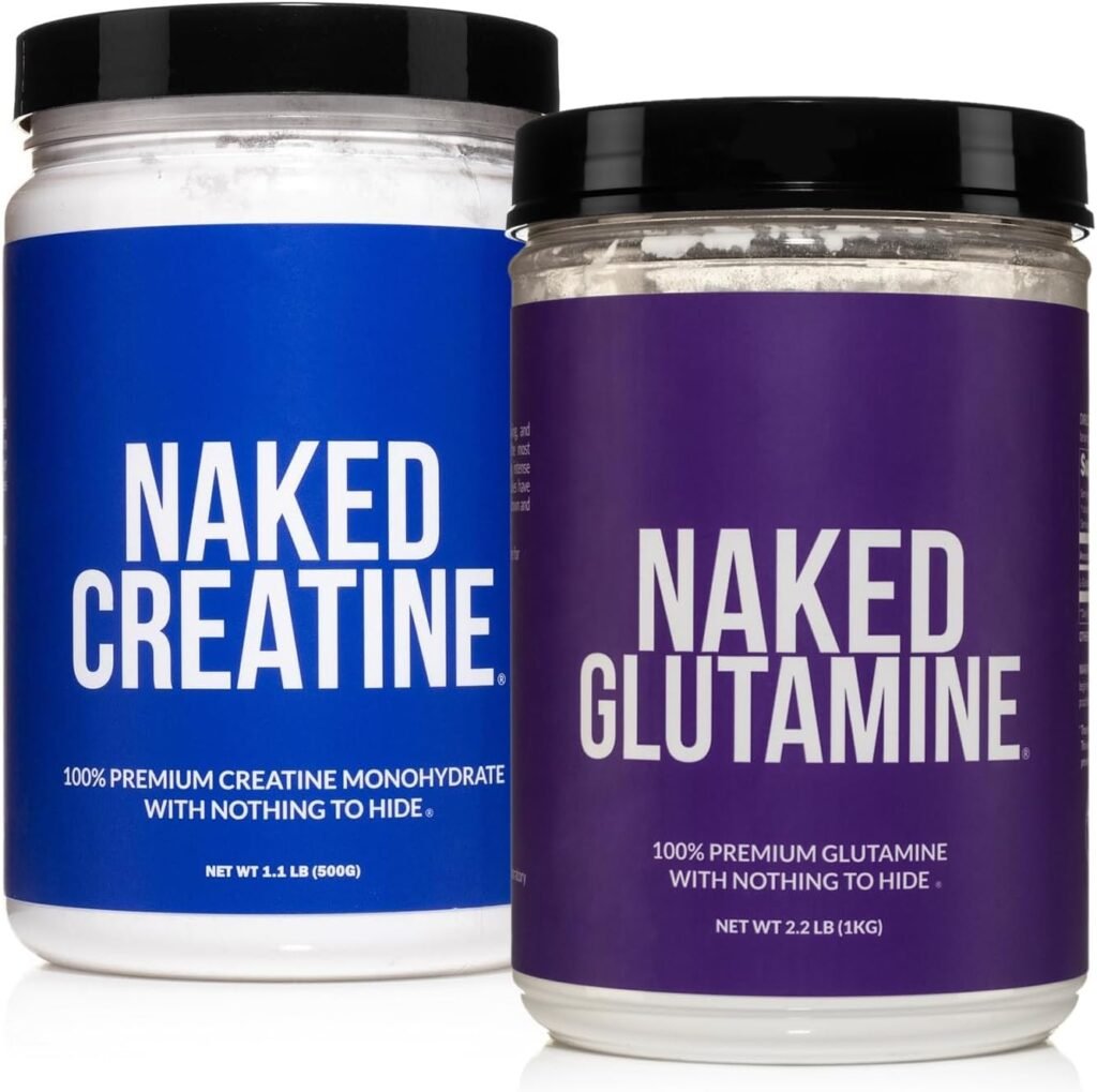 NAKED Pure Micronized Creatine Monohydrate 100 Servings + 200 Servings Pure L-Glutamine Bundle: Vegan, Non-GMO, Gluten Free. Minimize Muscle Breakdown  Improve Protein Synthesis. Nothing Artificial