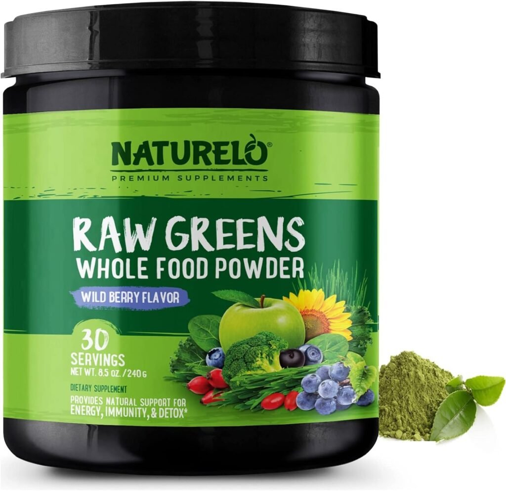 NATURELO Raw Greens Superfood Powder - Wild Berry Flavor - Boost Energy, Detox, Enhance Health - Organic Spirulina - Wheat Grass - Whole Food Nutrition from Fruits  Vegetables - 30 Servings : Health  Household