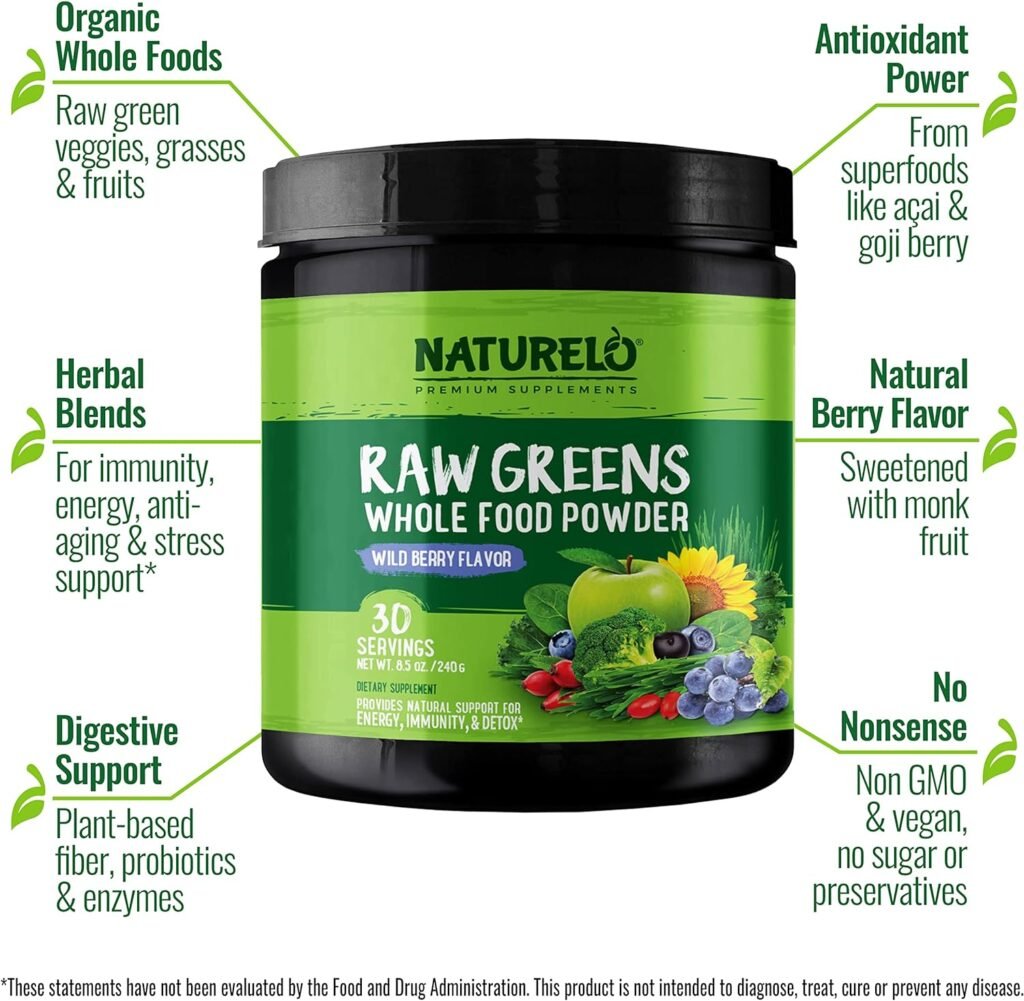 NATURELO Raw Greens Superfood Powder - Wild Berry Flavor - Boost Energy, Detox, Enhance Health - Organic Spirulina - Wheat Grass - Whole Food Nutrition from Fruits  Vegetables - 30 Servings : Health  Household