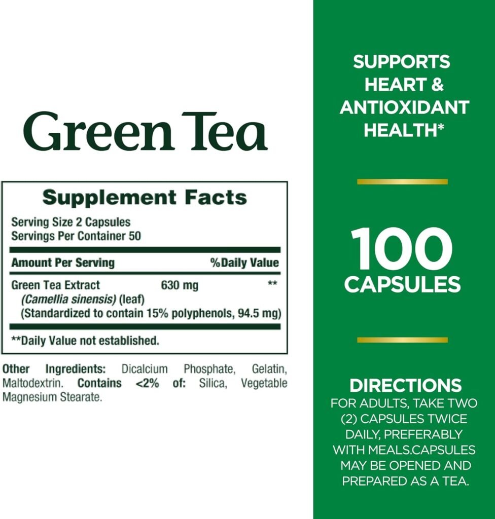 Natures Bounty Green Tea Pills and Herbal Health Supplement, Supports Heart and Antioxidant Health, 315mg, 100 Capsules