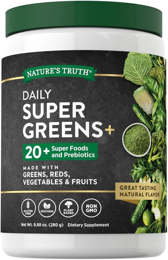 Natures Truth Super Greens Powder Supplement | Fruit  Vegetables Superfood Blend | Vegan, Non-GMO  Gluten Free Juice  Smoothie Mix | 9.88 oz