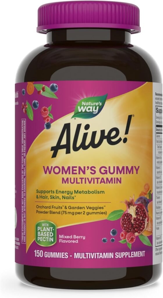 Natures Way Alive! Womens Daily Gummy Multivitamins, 16 Vitamins  Minerals, Energy Metabolism*, Hair Skin  Nails*, Vegetarian, Mixed Berry Flavored, 150 Gummies (Packaging May Vary)