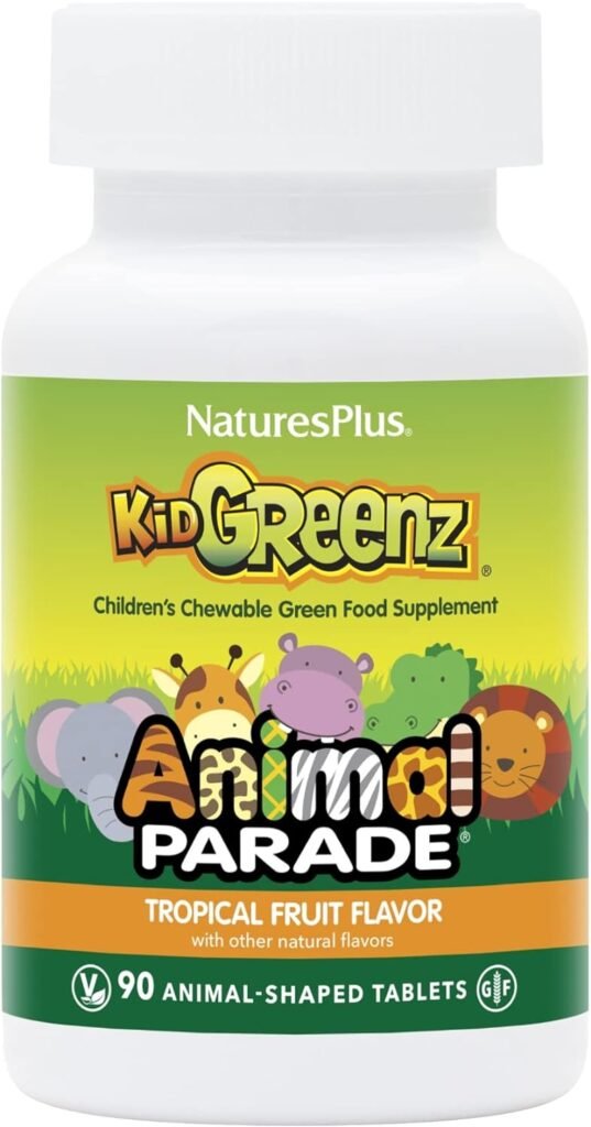 NaturesPlus Animal Parade KidGreenz, Tropical Fruit Flavor - 90 Animal-Shaped, Chewable Tablets - Vegetarian, Gluten Free - 90 Servings