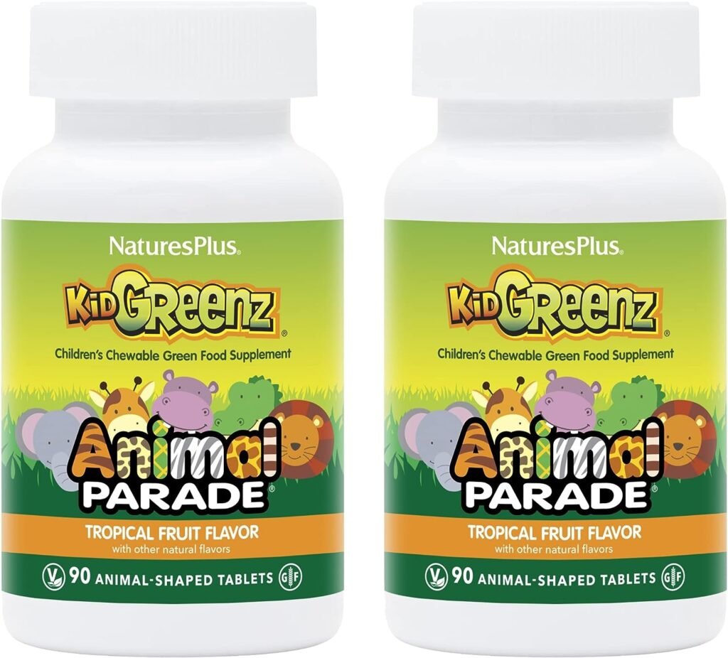 NaturesPlus Animal Parade KidGreenz, Tropical Fruit Flavor - 90 Animal-Shaped, Chewable Tablets - Vegetarian, Gluten Free - 90 Servings