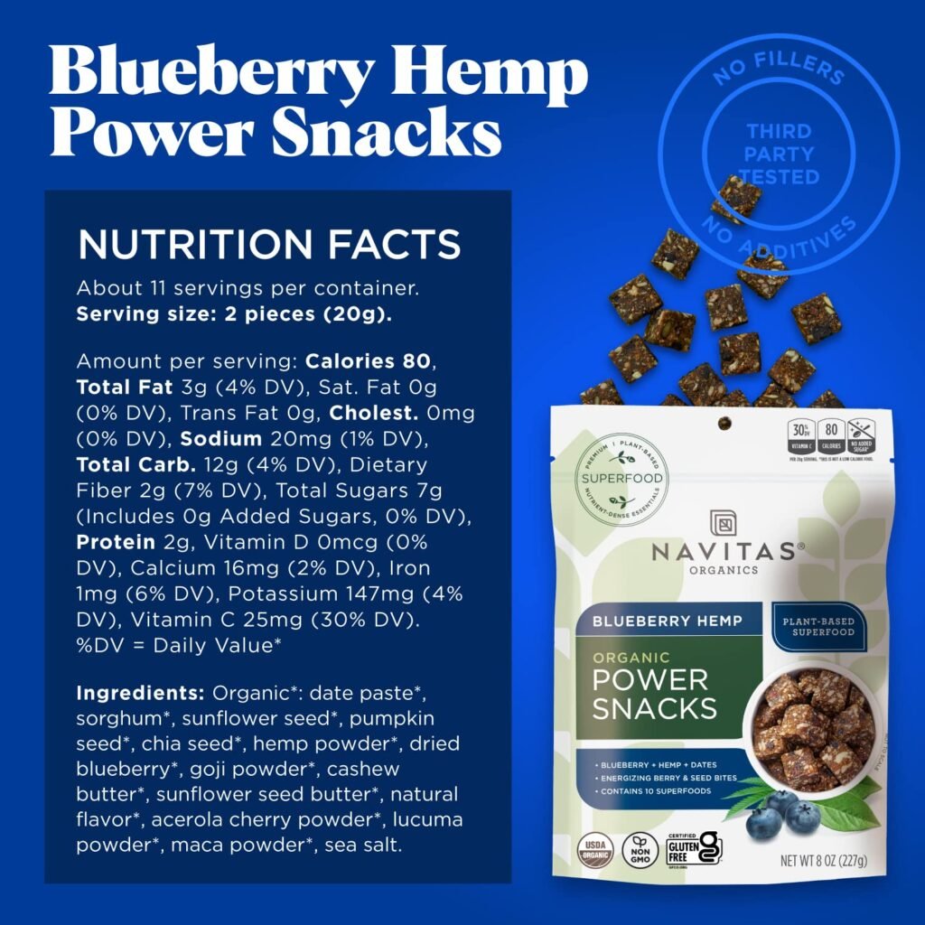 Navitas Organics Blueberry Hemp Superfood Power Snack, 8 oz. Bag, 11 Servings