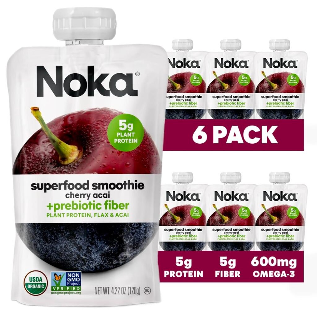 Noka Superfood Fruit Smoothie Pouches, Cherry Acai, Healthy Snacks with Flax Seed, Prebiotic Fiber and Plant Protein, Vegan and Gluten Free, Organic Squeeze Pouch, 4.22 oz, 6 Count