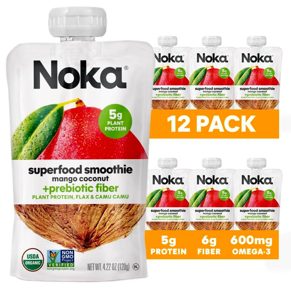 Noka Superfood Fruit Smoothie Pouches, Mango Coconut, Healthy Snacks with Flax Seed, Prebiotic Fiber and Plant Protein, Vegan and Gluten Free, Organic Squeeze Pouch, 4.22 oz, 12 Count