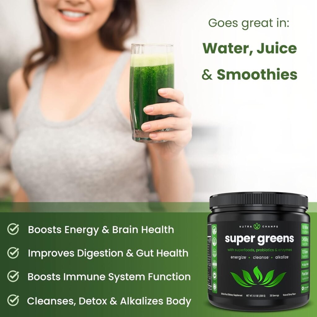 NutraChamps Super Greens Powder Premium Superfood | 20+ Organic Green Veggie Whole Foods | Wheat Grass, Spirulina, Chlorella  More | Antioxidant, Digestive Enzyme  Probiotic Blends