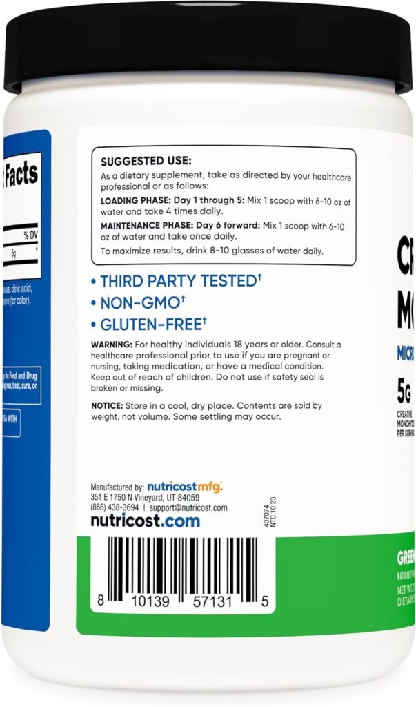 Nutricost Creatine Monohydrate Powder (Green Apple, 500 Gram) - Micronized Creatine Supplement Sweetened with Stevia, Vegan, Non-GMO, Gluten Free