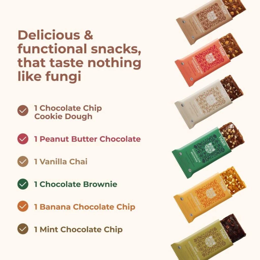 Organic Functional Mushroom Protein Bars | Made in USA | Full Dose (1500mg) Lions Mane, Chaga, Reishi  Cordyceps Bars | Vegan Protein Bars, Superfoods Protein Bars | 6 Bars Sampler Pack