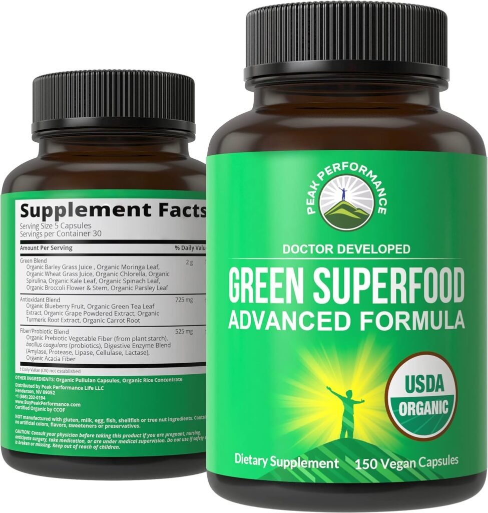 Organic Super Greens 150 Capsules - Green Juice Superfood Supplement with 25 All Natural Organic Ingredients. Max Energy and Detox Super Food Pills with Spirulina, Spinach, Kale, Turmeric, Probiotics