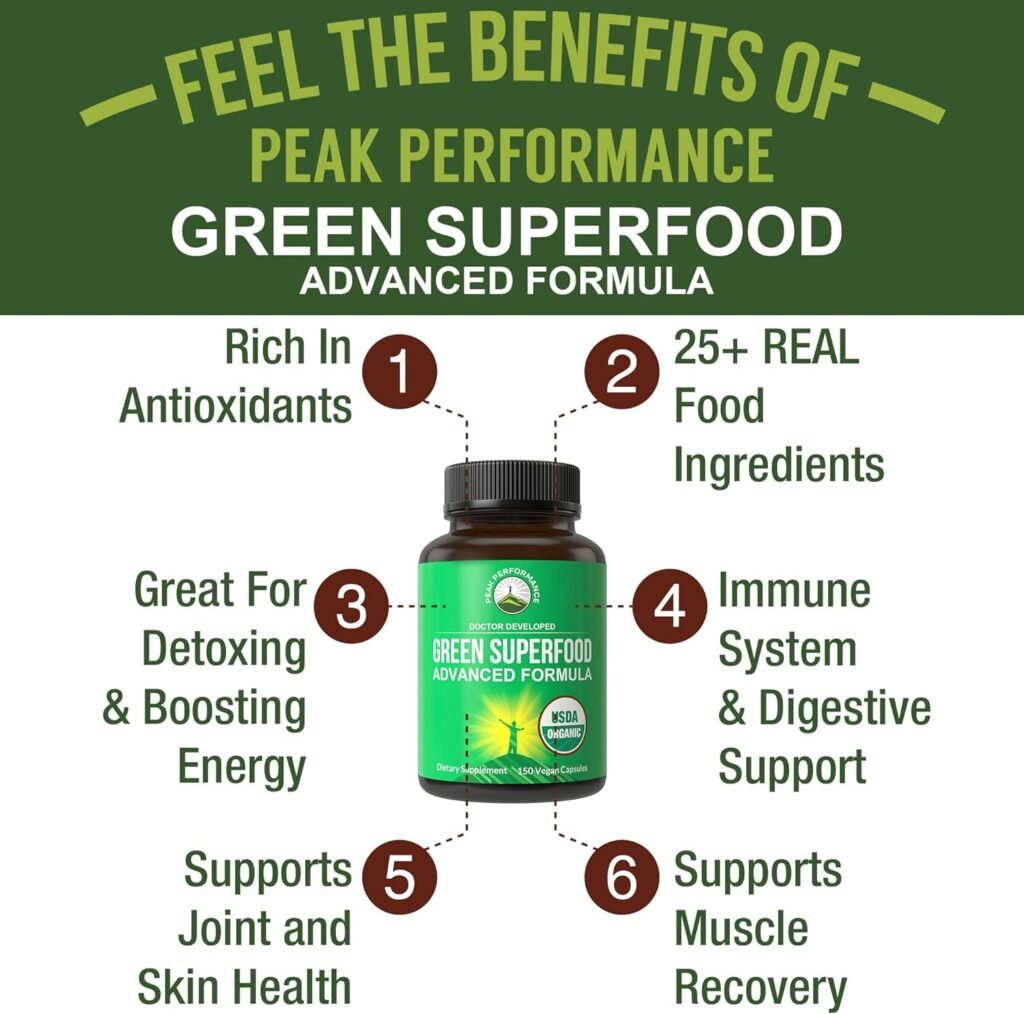 Organic Super Greens 150 Capsules - Green Juice Superfood Supplement with 25 All Natural Organic Ingredients. Max Energy and Detox Super Food Pills with Spirulina, Spinach, Kale, Turmeric, Probiotics