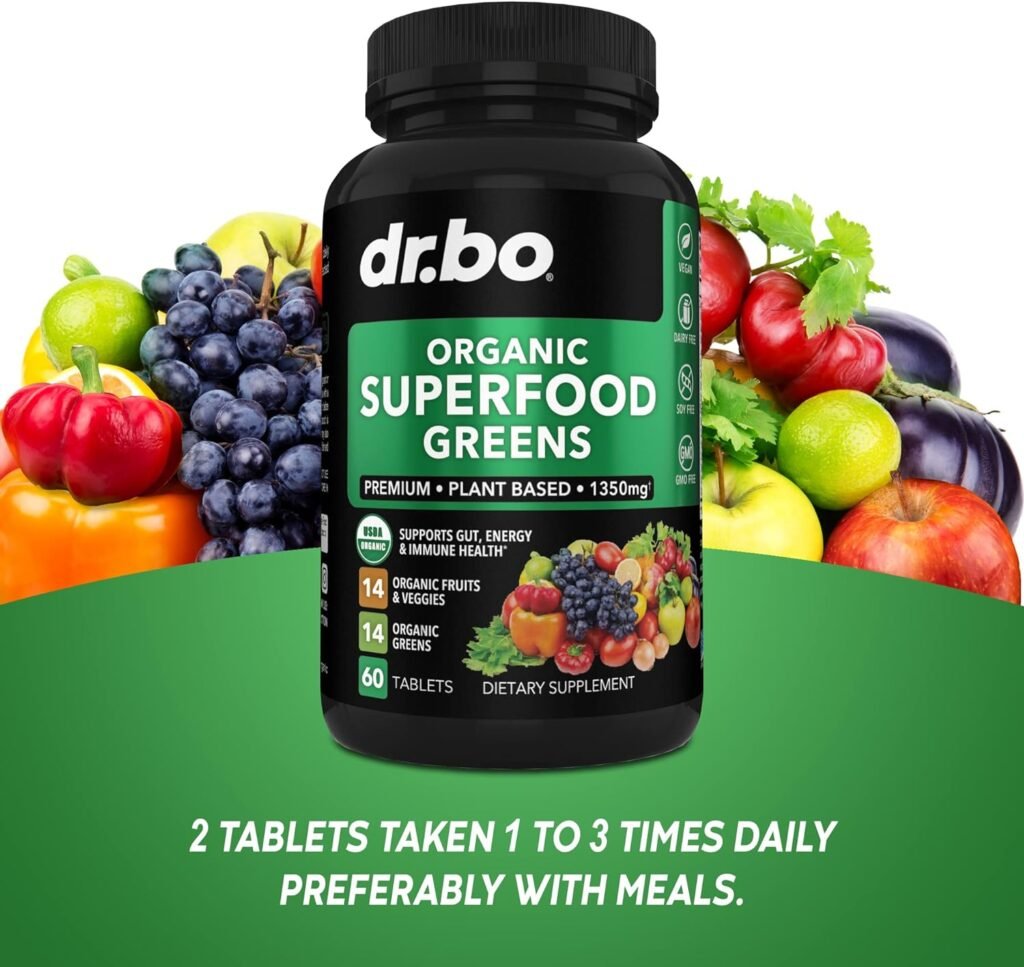 Organic Superfood Greens  Fruit Supplements - Energy Super Food Fruits and Veggies Supplement Tablets - Daily Green Veggie Powder Blend Plus Vegetable Foods Alfalfa, Spinach, Cabbage  Spirulina Tabs