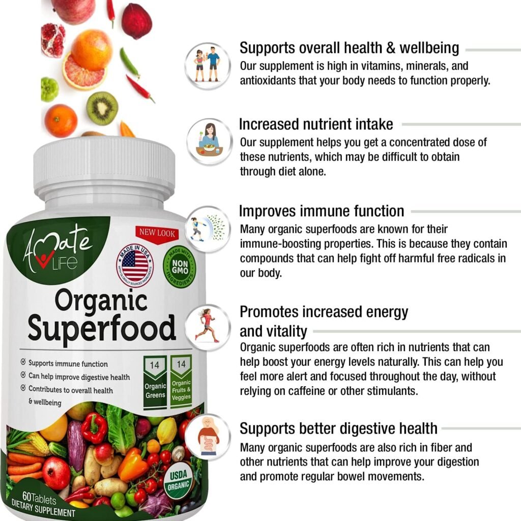 Organic Superfood Greens Fruits and Veggies Complex - Best Dietary Supplement with 14 Greens and 14 Fruits  Vegetables with Alfalfa Rich in Antioxidants Organic Ingredients Non-GMO 60 Tablets