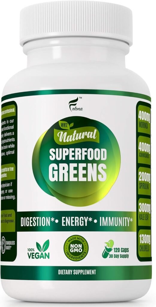 Organic Vegan Super Greens Capsules with Ashwagandha - Immune Support with All Natural Whole Food Nutrients Chlorella, Moringa, Spirulina, Turmeric, Kale. Improve Digestion, Boost Energy - Detox Pills