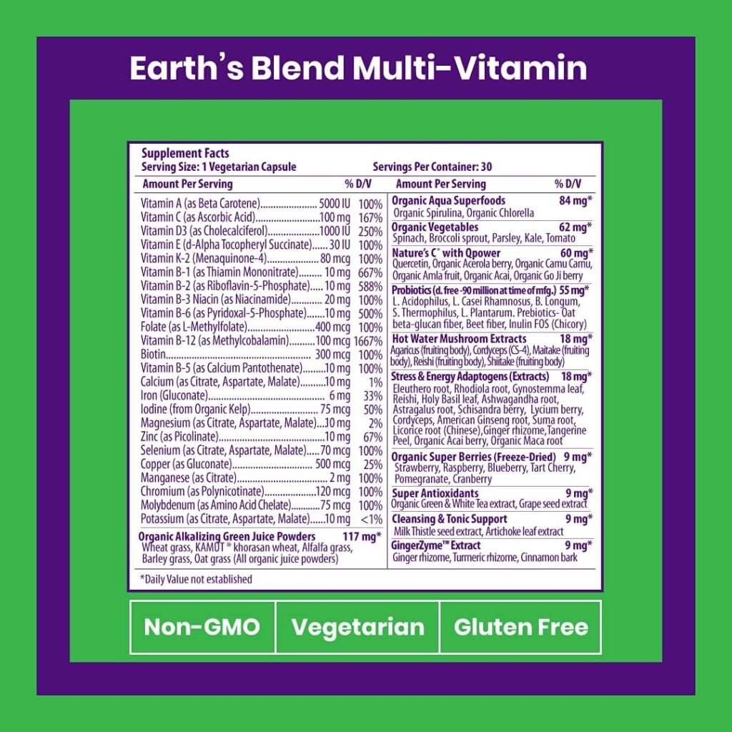 Paradise Herbs Earths Blend, ORAC Energy Greens, Multivitamin, Contains No Iron, Contains Vitamins A,B,C,D,K2, 60 Vegetarian Capsules