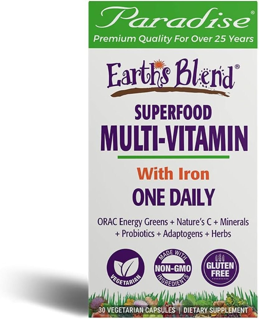 Paradise Herbs Earths Blend, ORAC Energy Greens, Multivitamin, Contains No Iron, Contains Vitamins A,B,C,D,K2, 60 Vegetarian Capsules