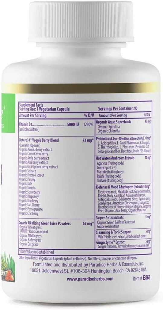 Paradise Herbs, Earths Blend Vitamin D3, Superfoods Base of Probiotics and Organic Alkalizing Greens, Veggies  Berries, 90 Vegetarian Capsules