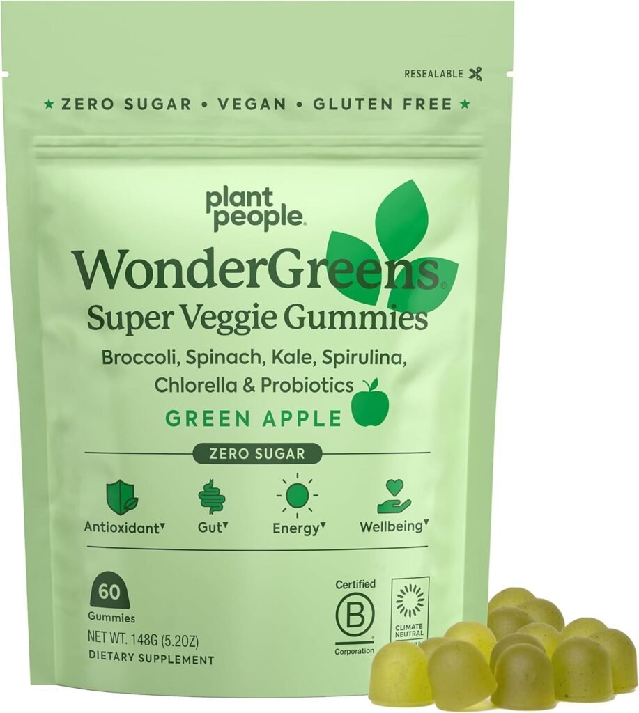 Plant People WonderGreens Veggie Gummies Super Greens with Probiotics Multivitamin Support Gummy for Wellbeing, Energy, Immune and Gut Health, Green Apple Flavor (60 Count) : Health  Household