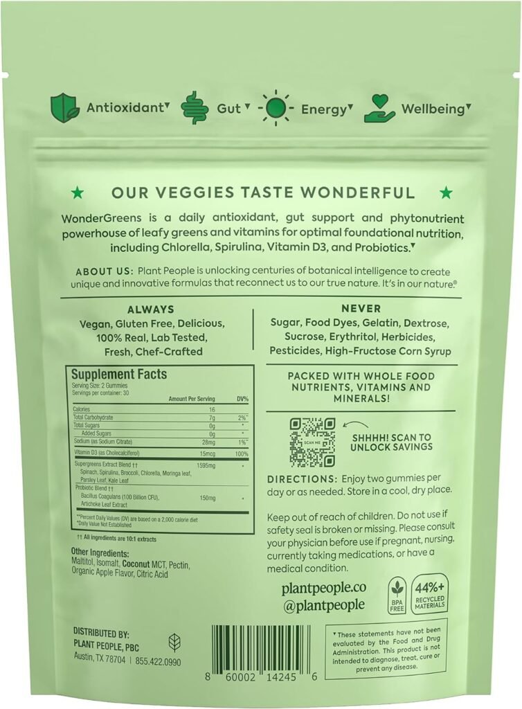 Plant People WonderGreens Veggie Gummies Super Greens with Probiotics Multivitamin Support Gummy for Wellbeing, Energy, Immune and Gut Health, Green Apple Flavor (60 Count) : Health  Household