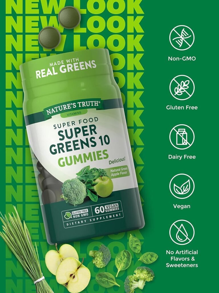 Super Greens Gummies | 60 Count | Vegan, Non-GMO  Gluten Free | Made with Real Greens | Natural Apple Flavor | by Natures Truth