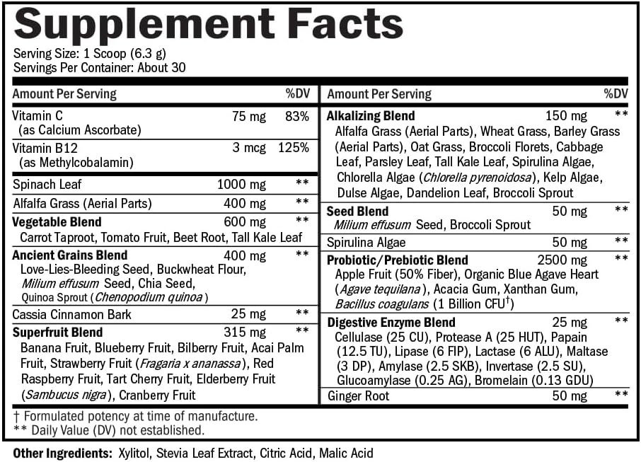 Super Greens Powder Superfood - Greens Powder with Probiotics Prebiotics Digestive Enzymes and 43 Green Superfoods - Chlorophyll Bilberry Chlorella Spirulina Grass - Tastes Amazing - 30 Servings