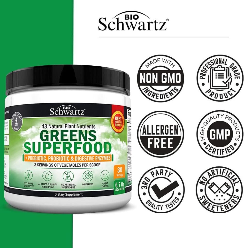 Super Greens Powder Superfood - Greens Powder with Probiotics Prebiotics Digestive Enzymes and 43 Green Superfoods - Chlorophyll Bilberry Chlorella Spirulina Grass - Tastes Amazing - 30 Servings