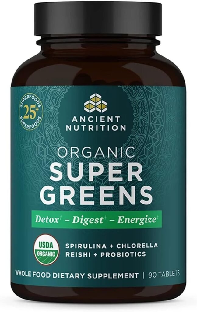 Super Greens with Probiotics by Ancient Nutrition, Organic Superfood Tablets Made from Spirulina, Chlorella, Moringa, and a Resilient Probiotic, 30 Servings, 90 Count