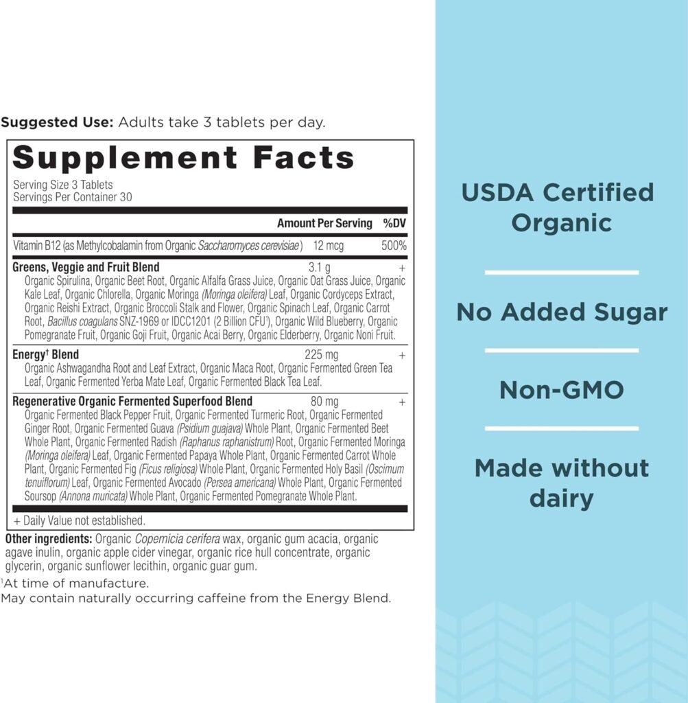 Super Greens with Probiotics by Ancient Nutrition, Organic Superfood Tablets Made from Spirulina, Chlorella, Moringa, and a Resilient Probiotic, 30 Servings, 90 Count