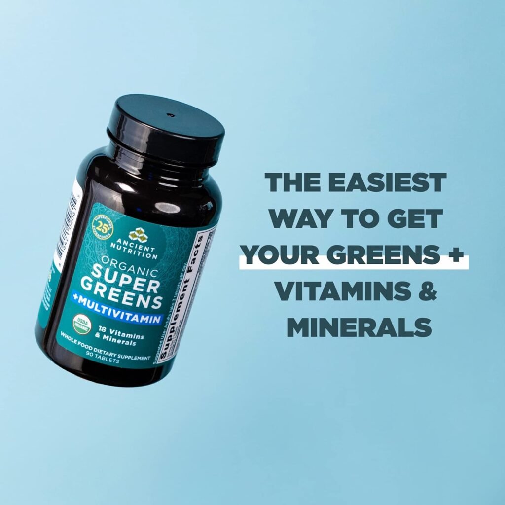 Super Greens with Probiotics by Ancient Nutrition, Organic Superfood Tablets Made from Spirulina, Chlorella, Moringa, and a Resilient Probiotic, 30 Servings, 90 Count