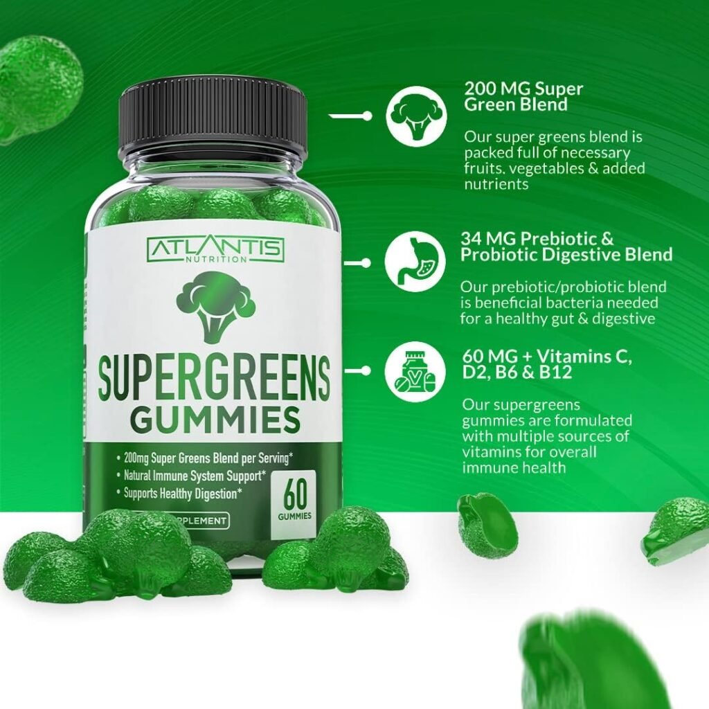 Supergreens Gummies - Daily Green Superfoods Supplement with Spinach, Broccoli, Moringa, Beet Root, Celery, Green Tea,  Acai for Immunity Support - Natural Raspberry Flavor, 60 Supergreen Gummies : Health  Household