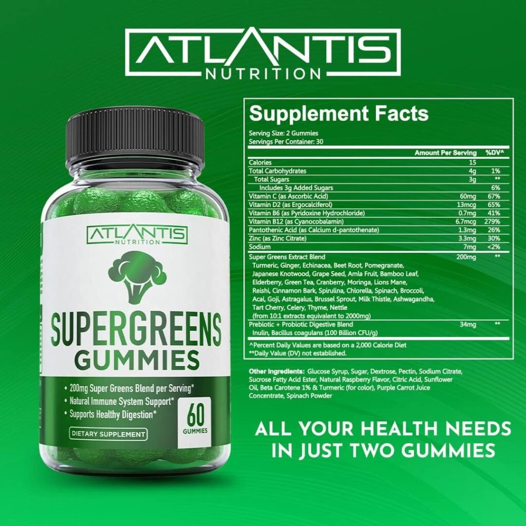 Supergreens Gummies - Daily Green Superfoods Supplement with Spinach, Broccoli, Moringa, Beet Root, Celery, Green Tea,  Acai for Immunity Support - Natural Raspberry Flavor, 60 Supergreen Gummies : Health  Household