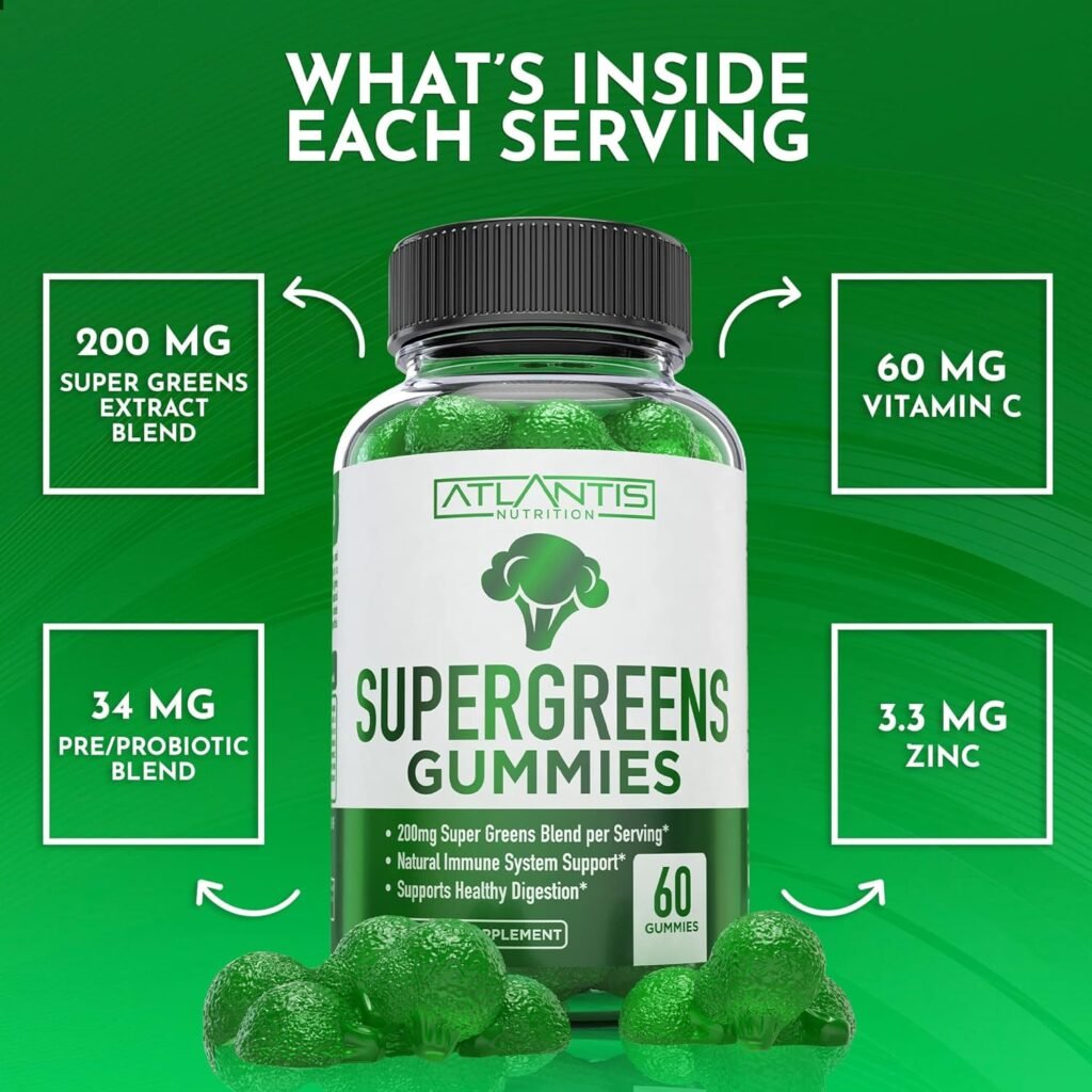 Supergreens Gummies - Daily Green Superfoods Supplement with Spinach, Broccoli, Moringa, Beet Root, Celery, Green Tea,  Acai for Immunity Support - Natural Raspberry Flavor, 60 Supergreen Gummies : Health  Household