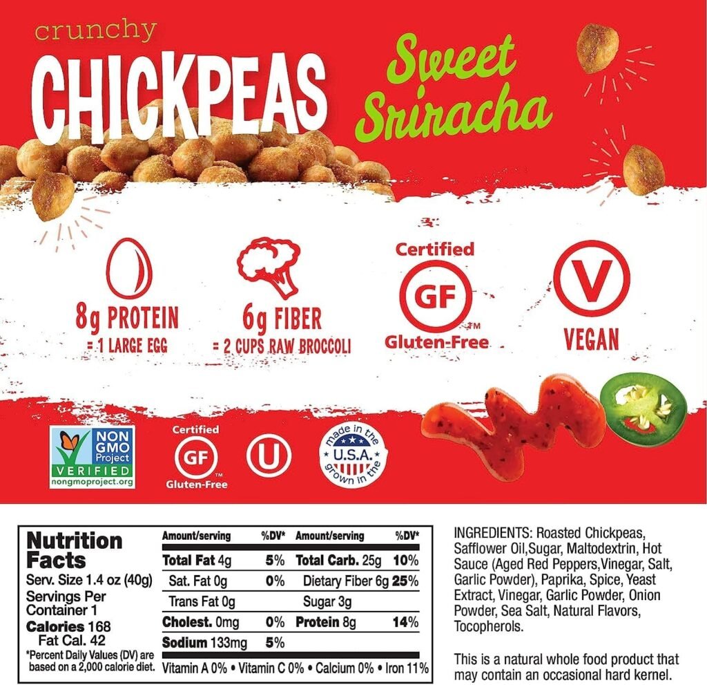 The Good Bean Crunchy Chickpeas - Sweet Sriracha - (10 Pack) 1.4 oz Packet - Roasted Chickpea Beans - Vegan Snack with Good Source of Plant Protein and Fiber