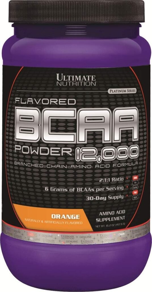 Ultimate Nutrition Flavored BCAA Powder 12000 Branched Chain Post Workout Amino Acid Supplement-Caffeine-Free with 3g Leucine 1.5g Valine 1.5g Isoleucine- Orange, 60 Servings