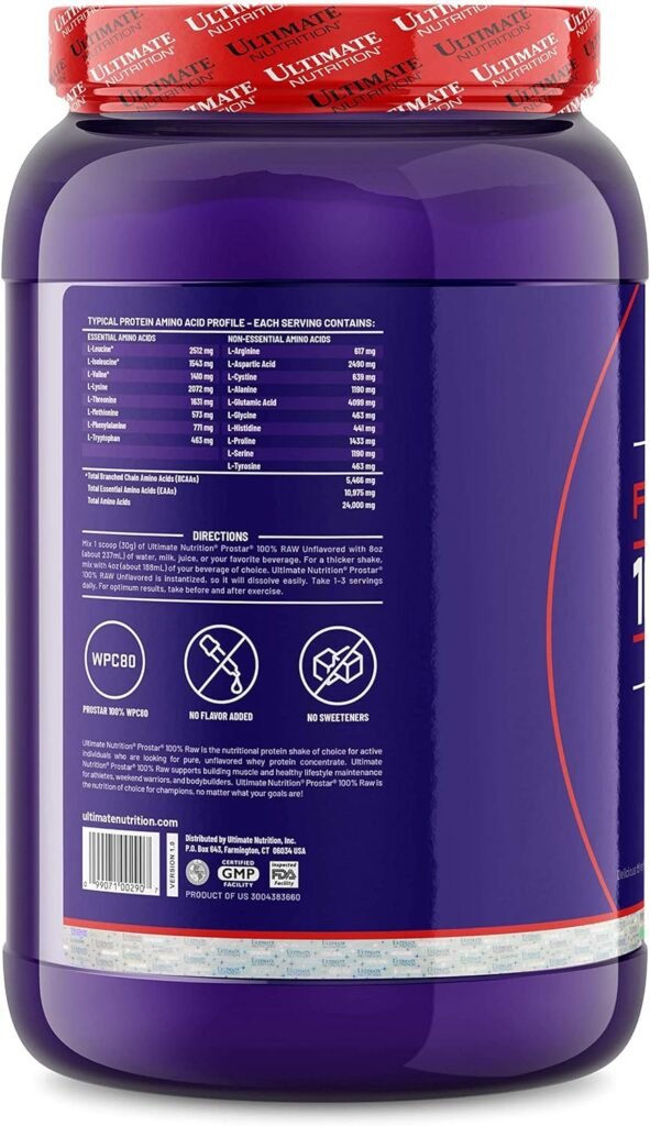 Ultimate Nutrition Prostar Raw Whey Protein Concentrate Powder, Low Carb, Low Fat, Keto Friendly, 24 Grams of Protein Per Serving with 5.5 Grams of BCAAs,Unflavored, 67 Servings, 4.4 Pounds