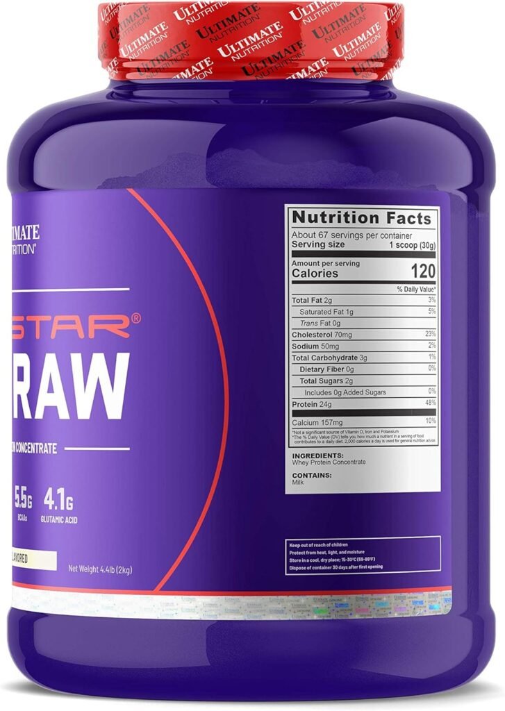 Ultimate Nutrition Prostar Raw Whey Protein Concentrate Powder, Low Carb, Low Fat, Keto Friendly, 24 Grams of Protein Per Serving with 5.5 Grams of BCAAs,Unflavored, 67 Servings, 4.4 Pounds