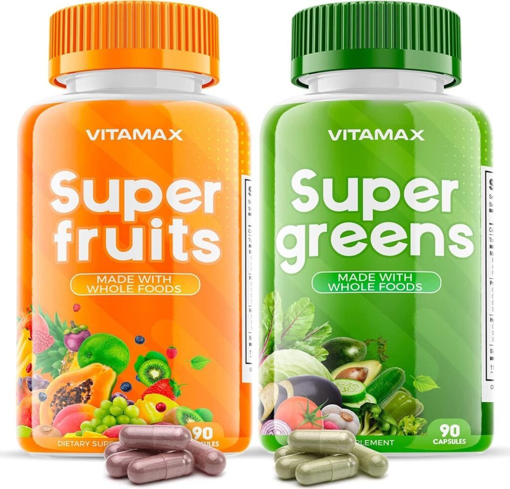 Vitamax Super Fruit and Vegetable Supplements – Organic Whole Superfood Vitamins  Minerals – 90 Veggie and 90 Fruit Capsules for Women, Men, and Kids - Soy Free – Made in The USA